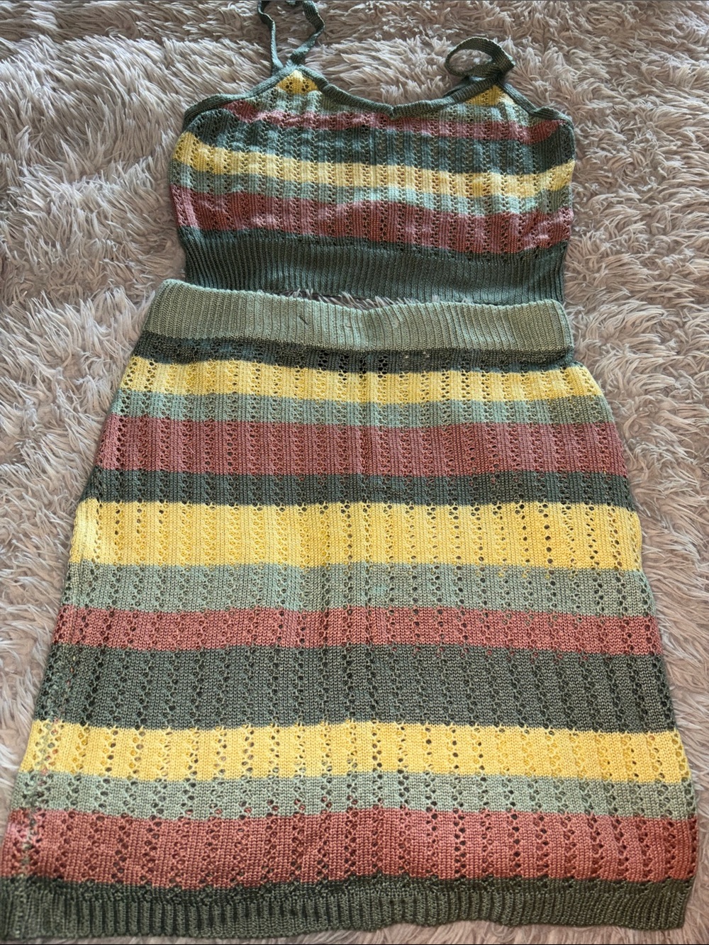 Almost Famous Olive, Yellow, Rust, and Sage Striped Knit Two-Piece